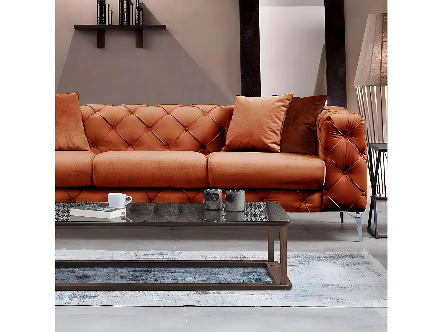 Canapé capitonné 3 places Alykes Velours Terracotta