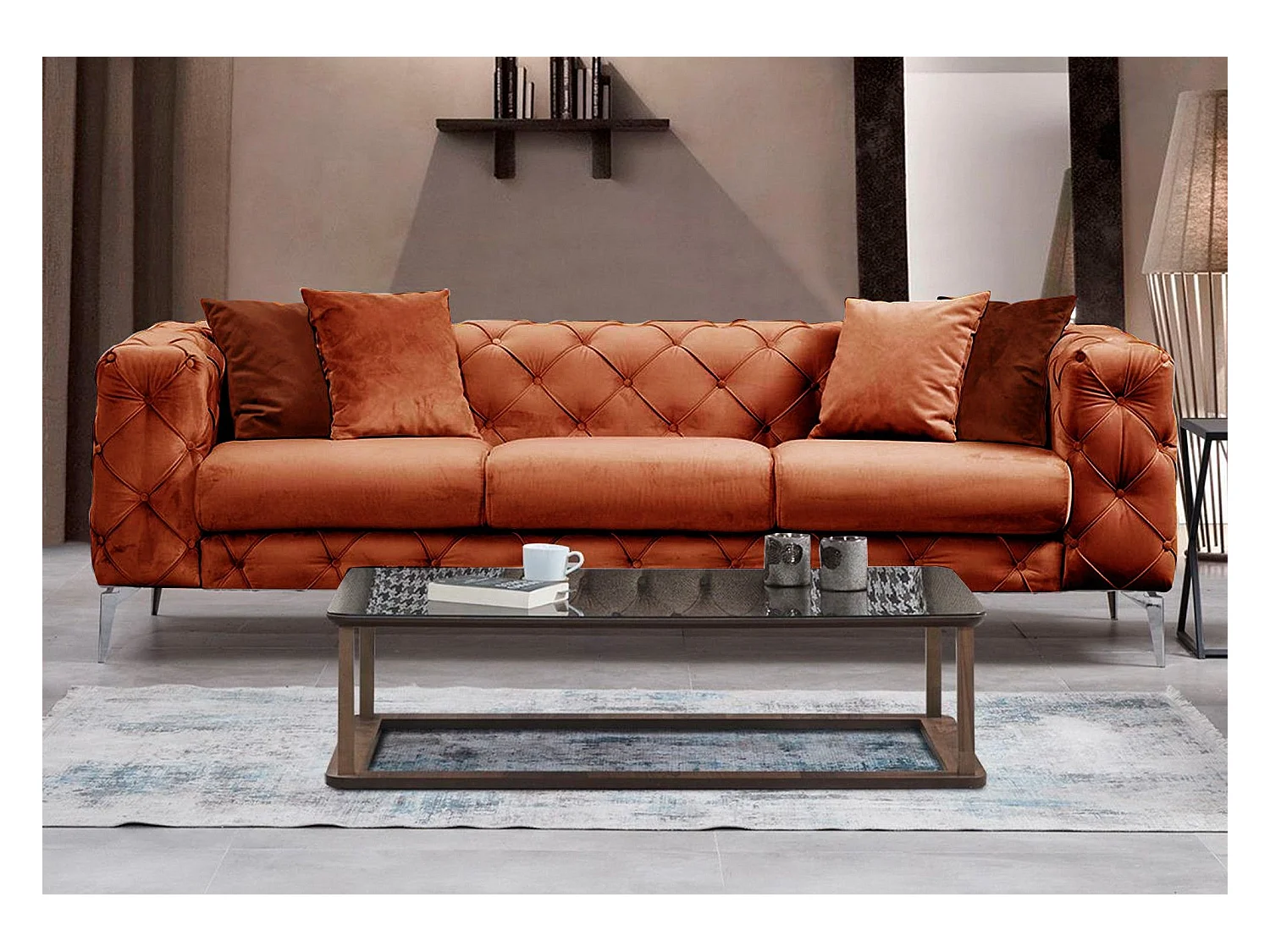 Canapé capitonné 3 places Alykes Velours Terracotta