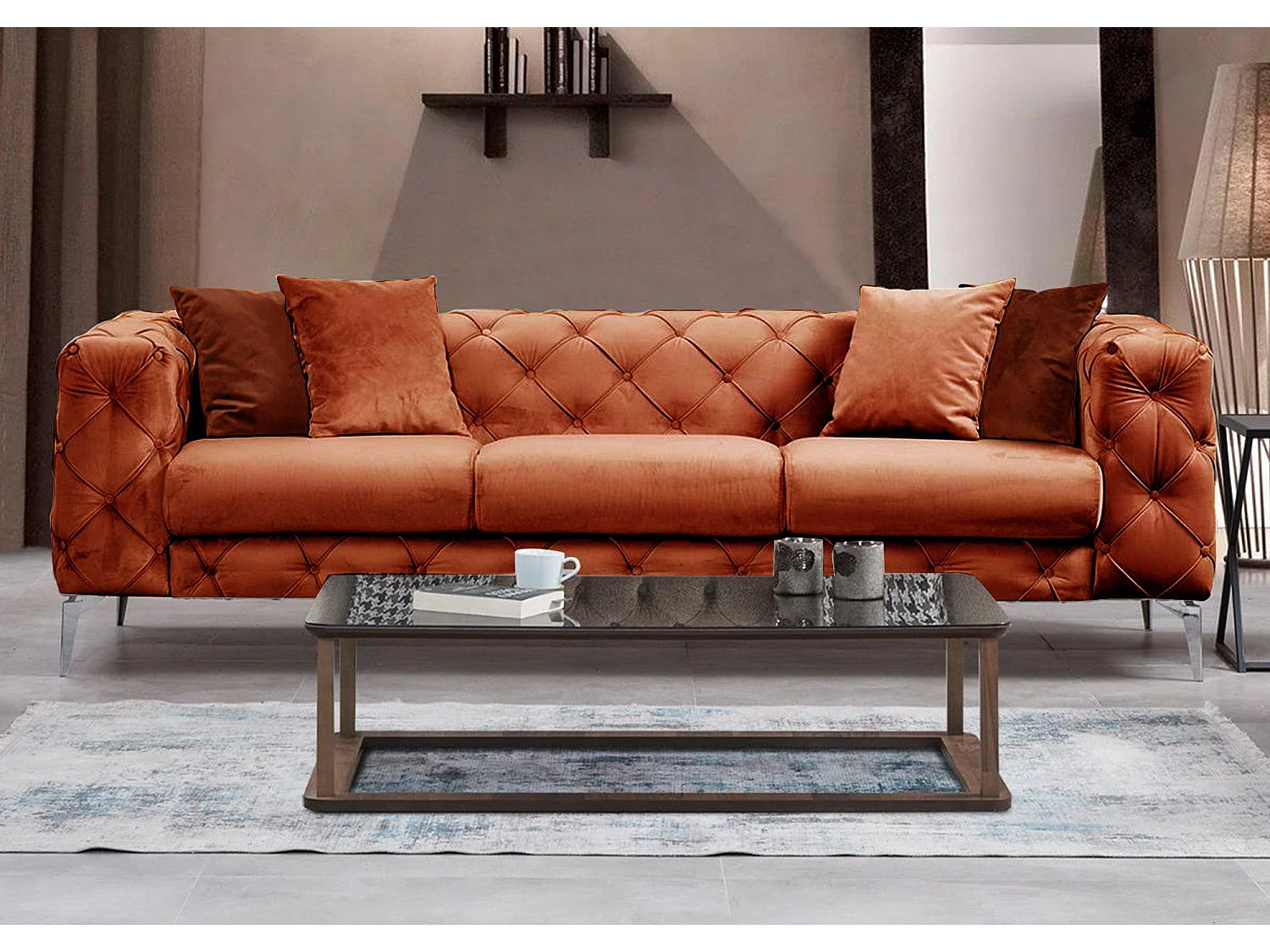 Divano chesterfield Altadena 356, Rosso, 237x90x73cm, Arazzo, Gambe: Metallo