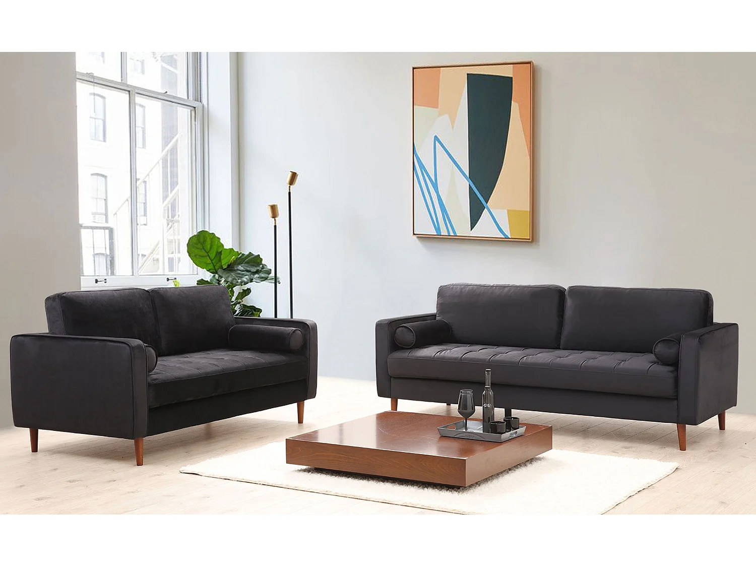 Sofá Altadena 252, Negro, 175x90x70cm, Tapiz, Patas: Madera