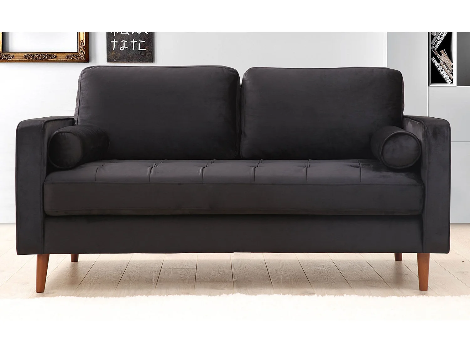 Canapé 2 places avec 2 coussins Homeros Velours Noir