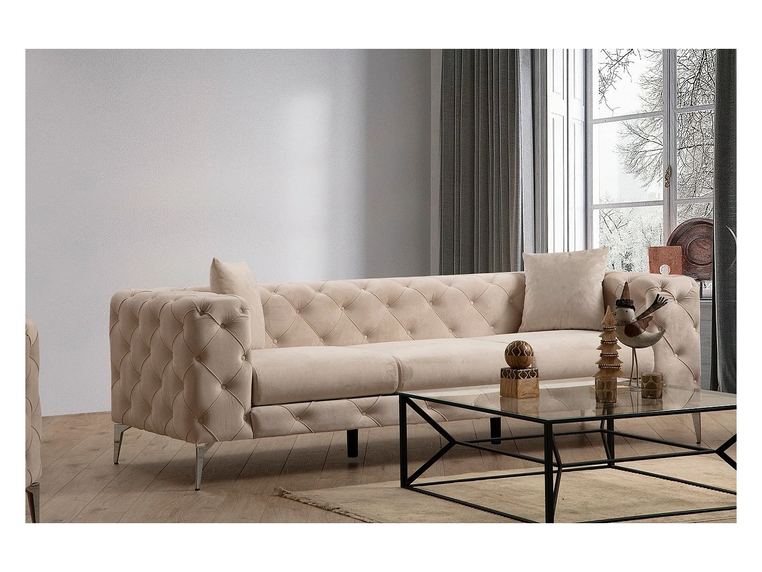 Canapé capitonné 3 places Alykes Velours Beige