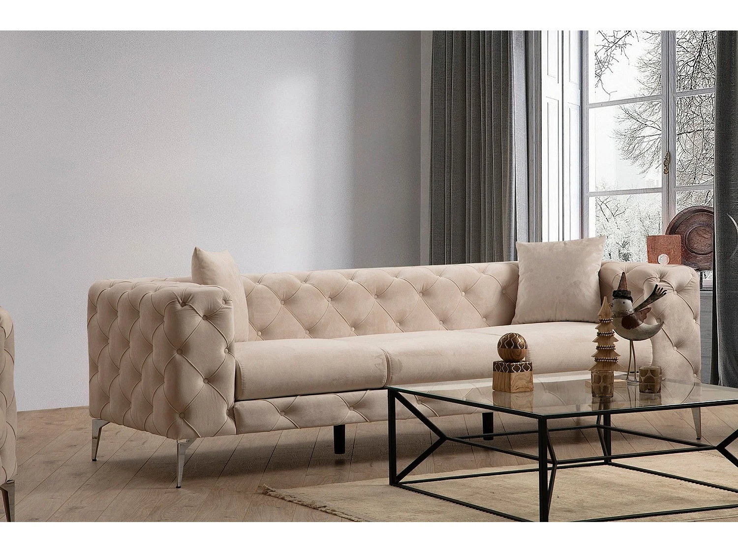 Canapé capitonné 3 places Alykes Velours Beige