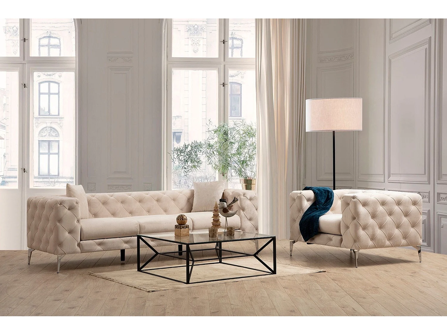 Canapé capitonné 3 places Alykes Velours Beige