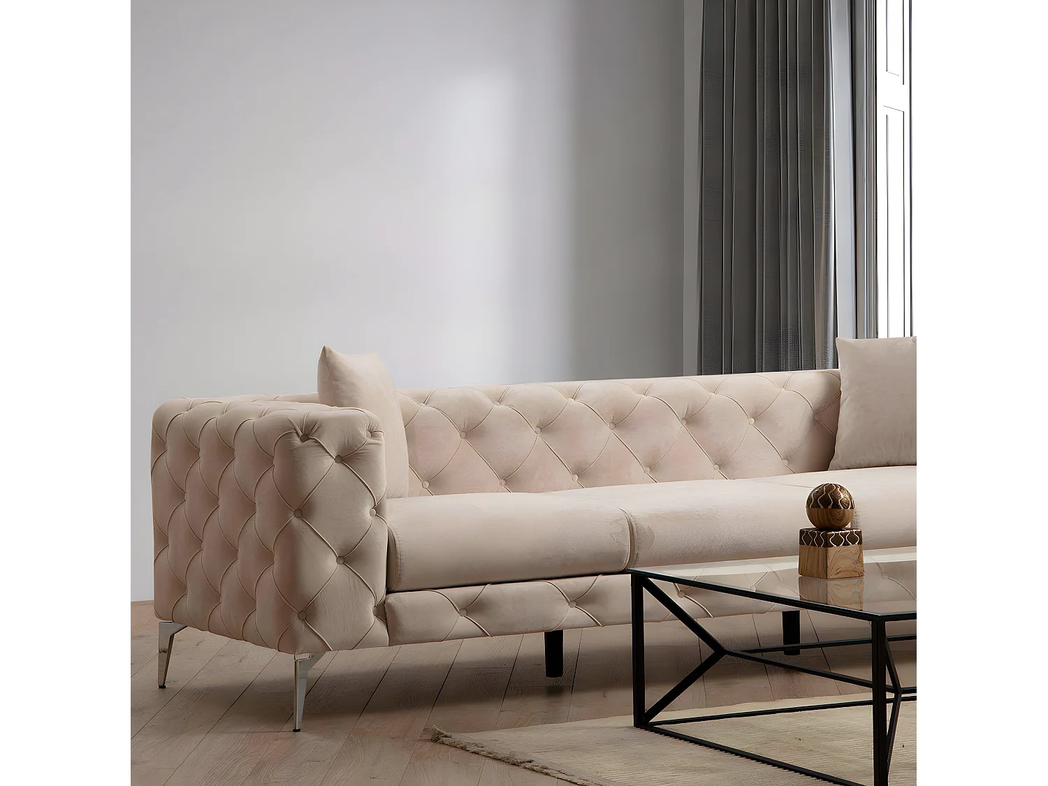 Canapé capitonné 3 places Alykes Velours Beige