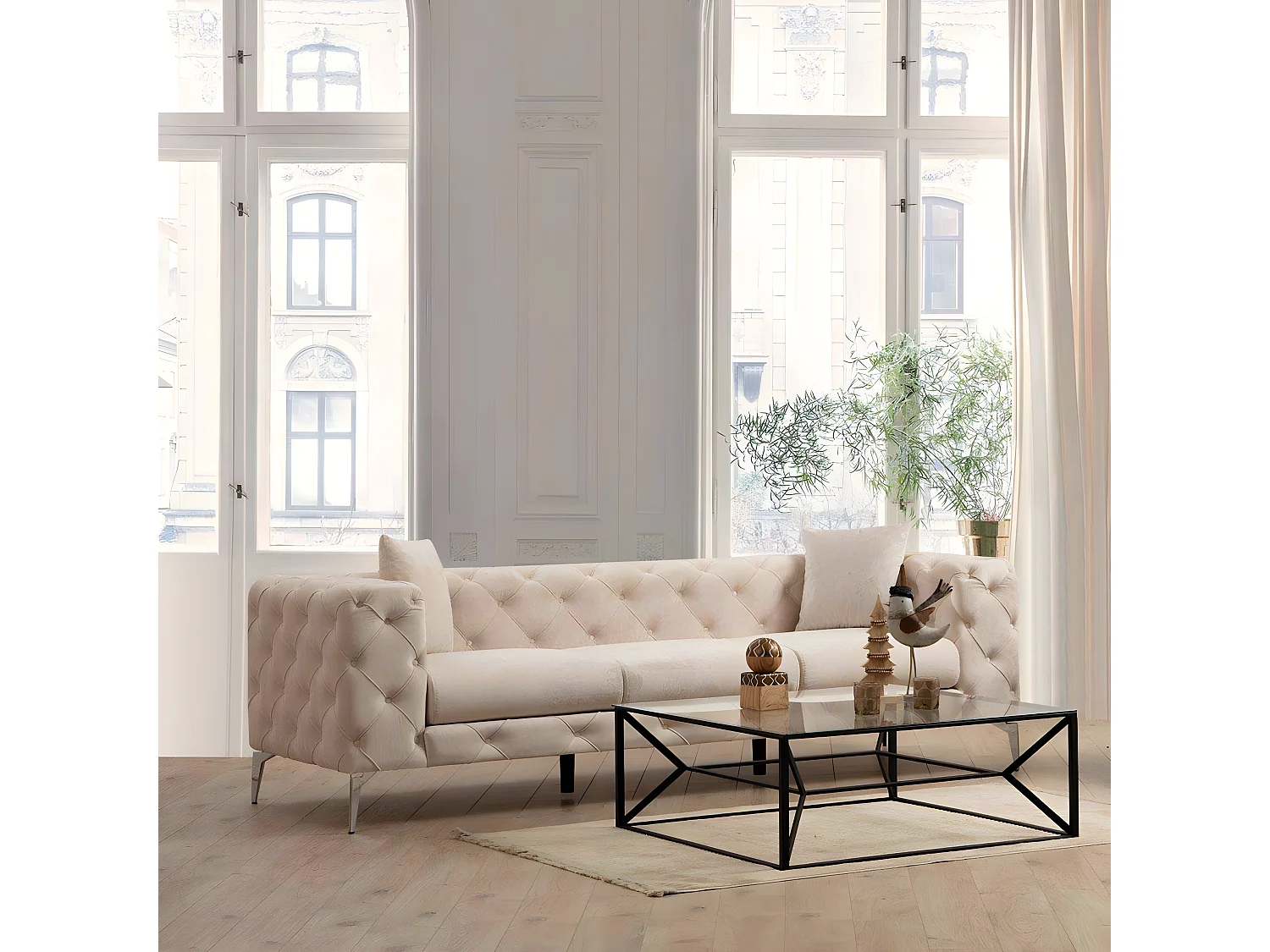 Canapé capitonné 3 places Alykes Velours Beige