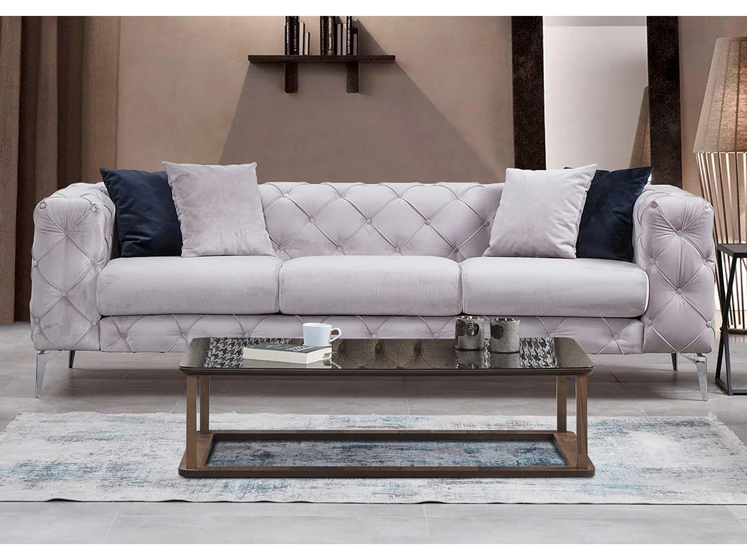 Sofá chesterfield Altadena 356, Gris, 237x90x73cm, Tapiz, Patas: Metal