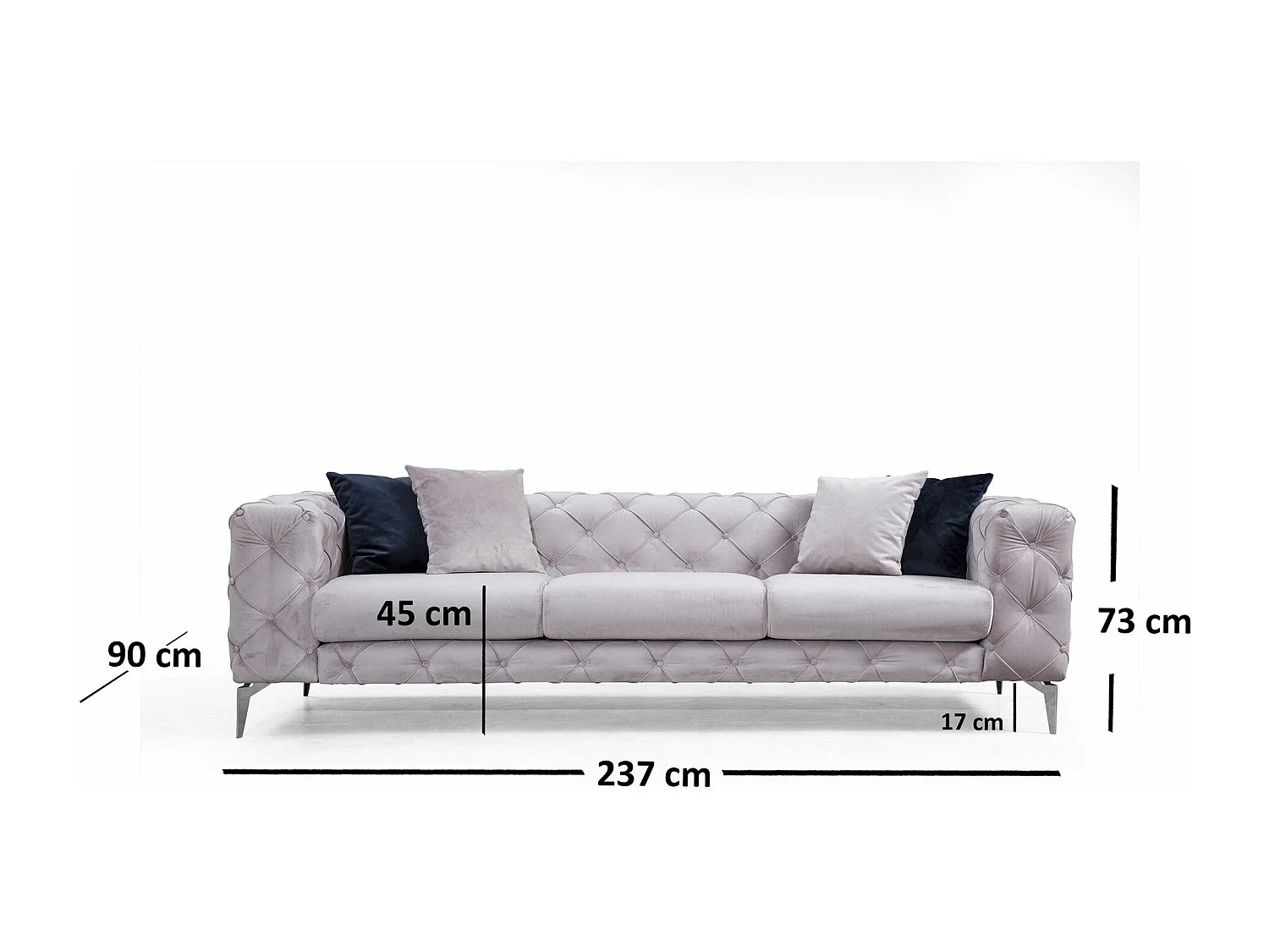 Sofá chesterfield Altadena 356, Gris, 237x90x73cm, Tapiz, Patas: Metal