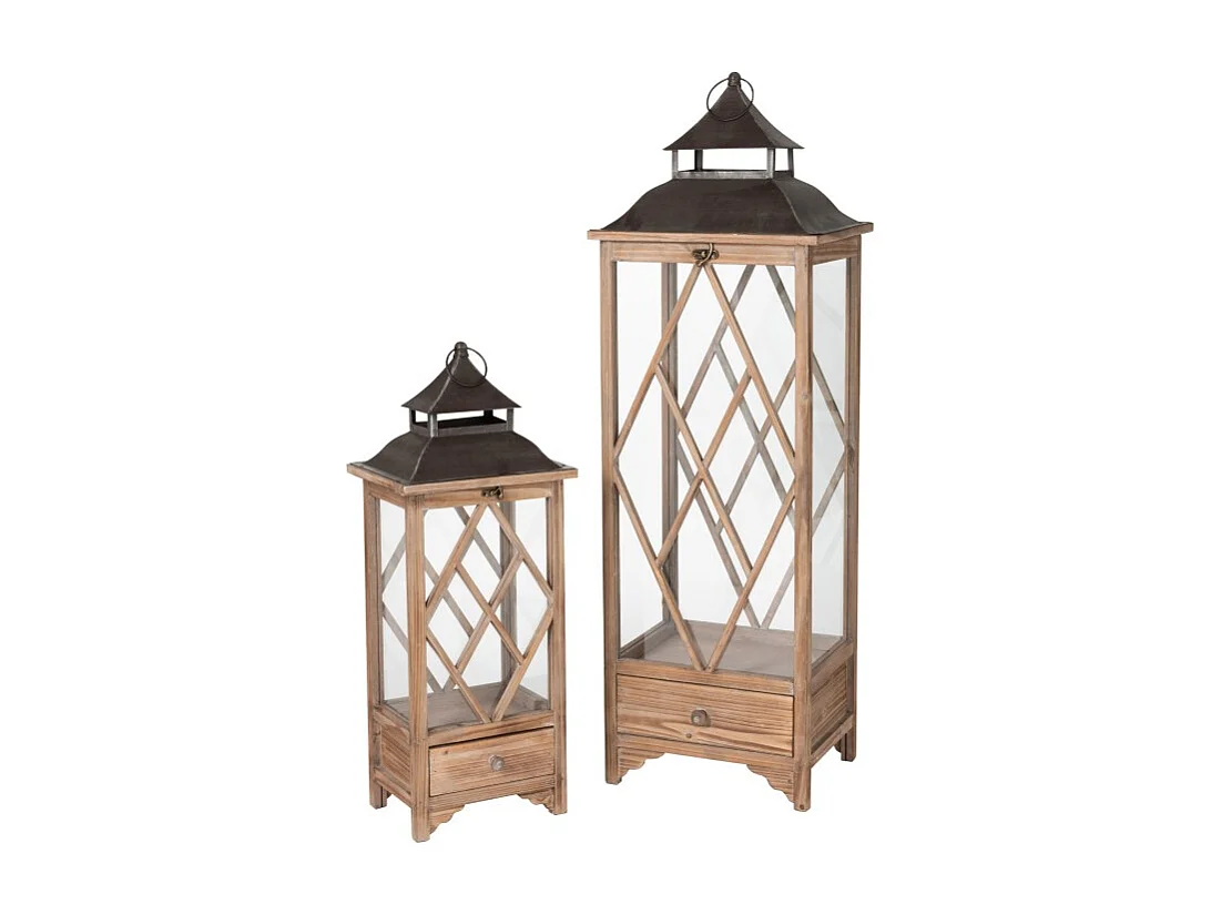 Conjunto de 2 farols de vidrio y metal marrón de 34x28x111 cm