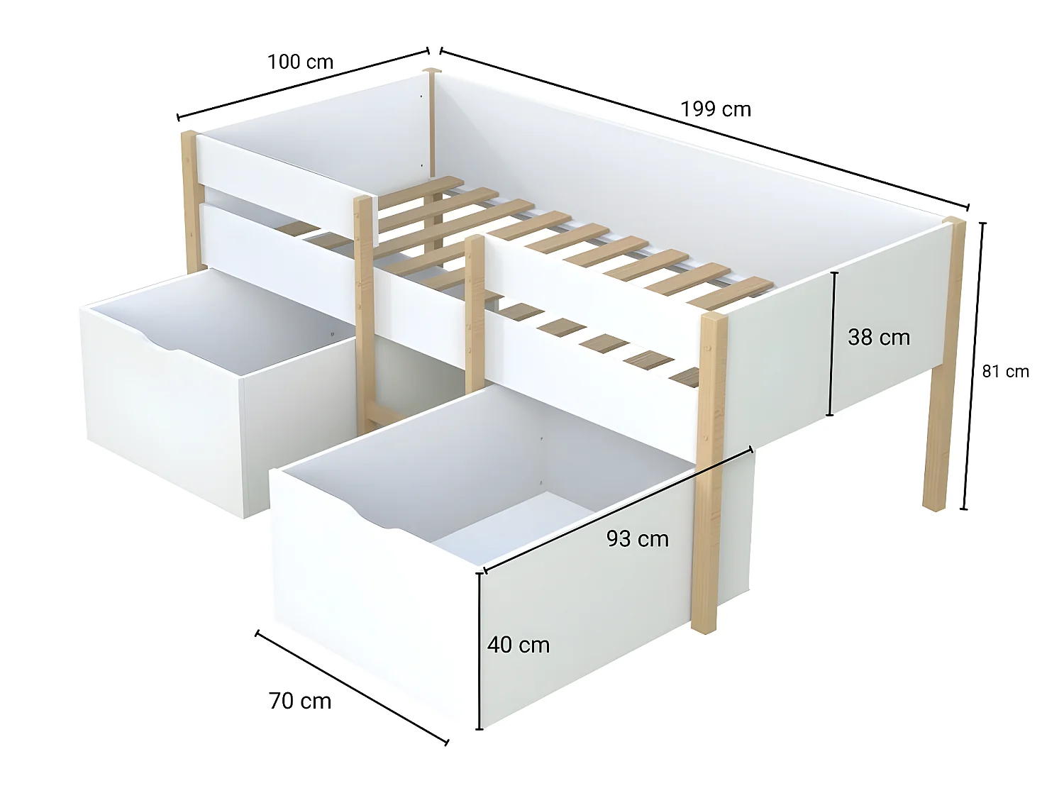 Halbhochbett mit 2 Schubladen + Matratze - 90 x 190 cm - Weiß & Eiche - SISSY