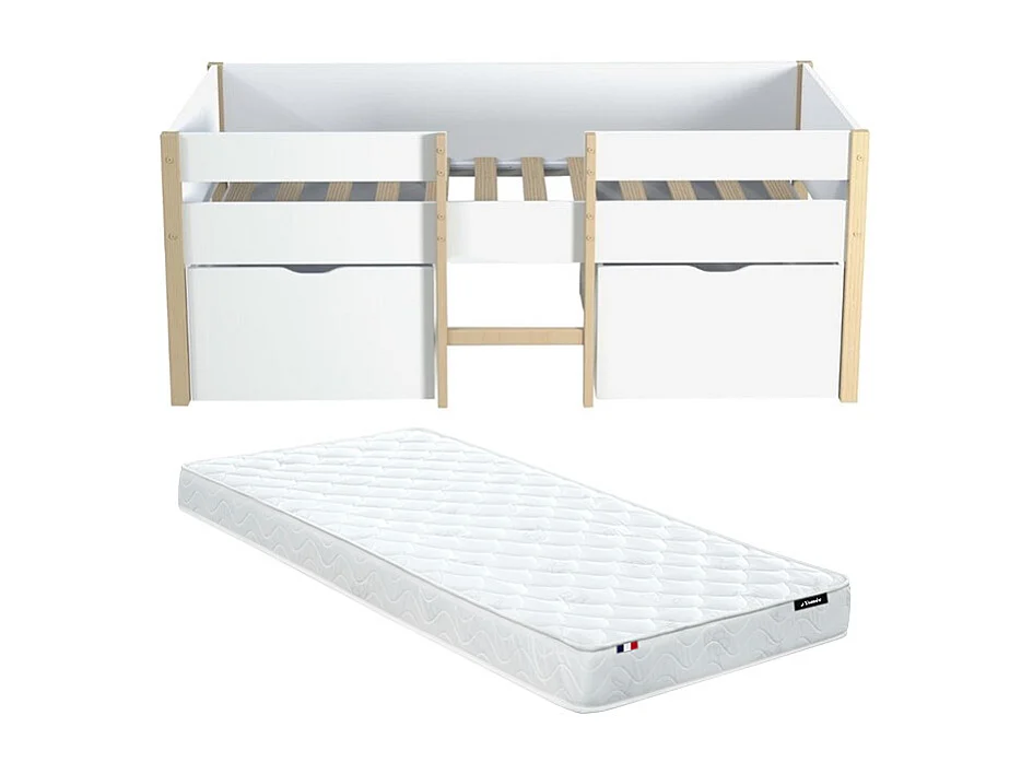Halbhochbett mit 2 Schubladen + Matratze - 90 x 190 cm - Weiß & Eiche - SISSY