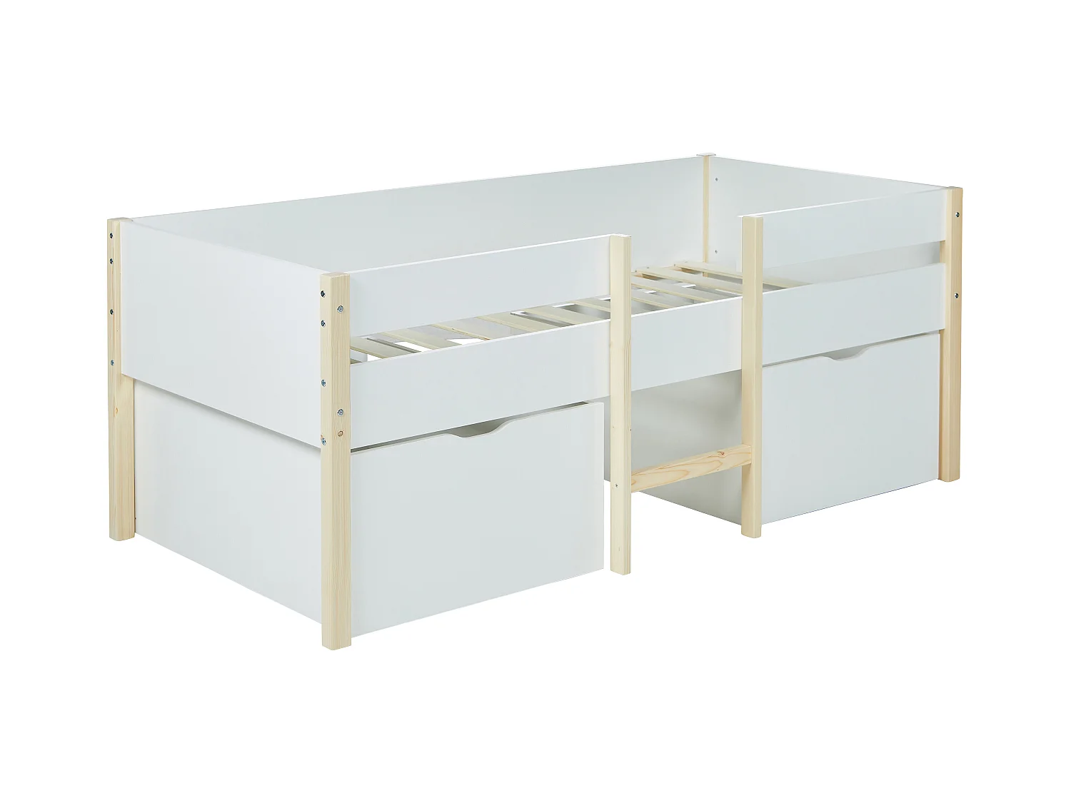 Cama alta SISSY - 2 cajones - 90 x 190 cm - Blanco y roble + colchón