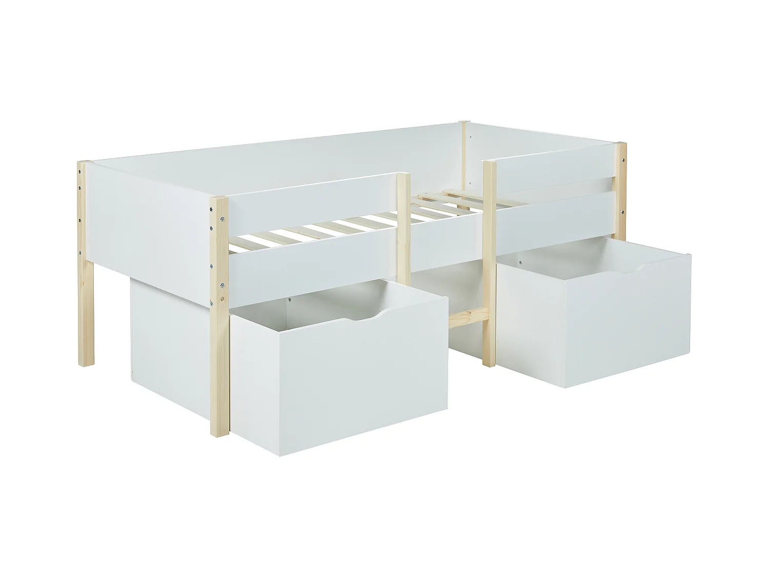 Cama alta SISSY - 2 cajones - 90 x 190 cm - Blanco y roble + colchón
