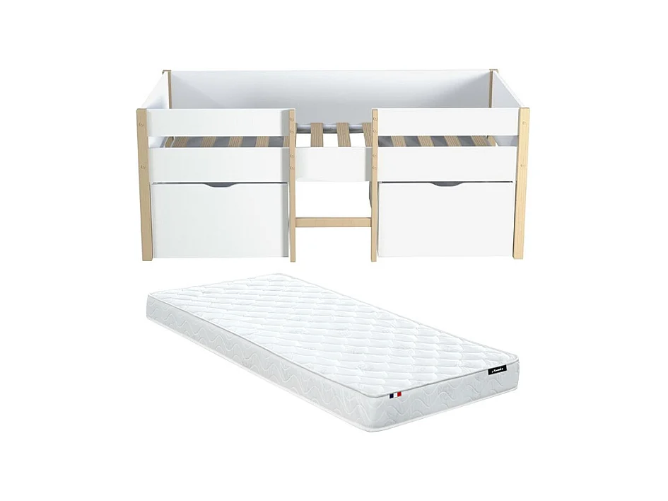 Cama alta SISSY - 2 cajones - 90 x 190 cm - Blanco y roble + colchón