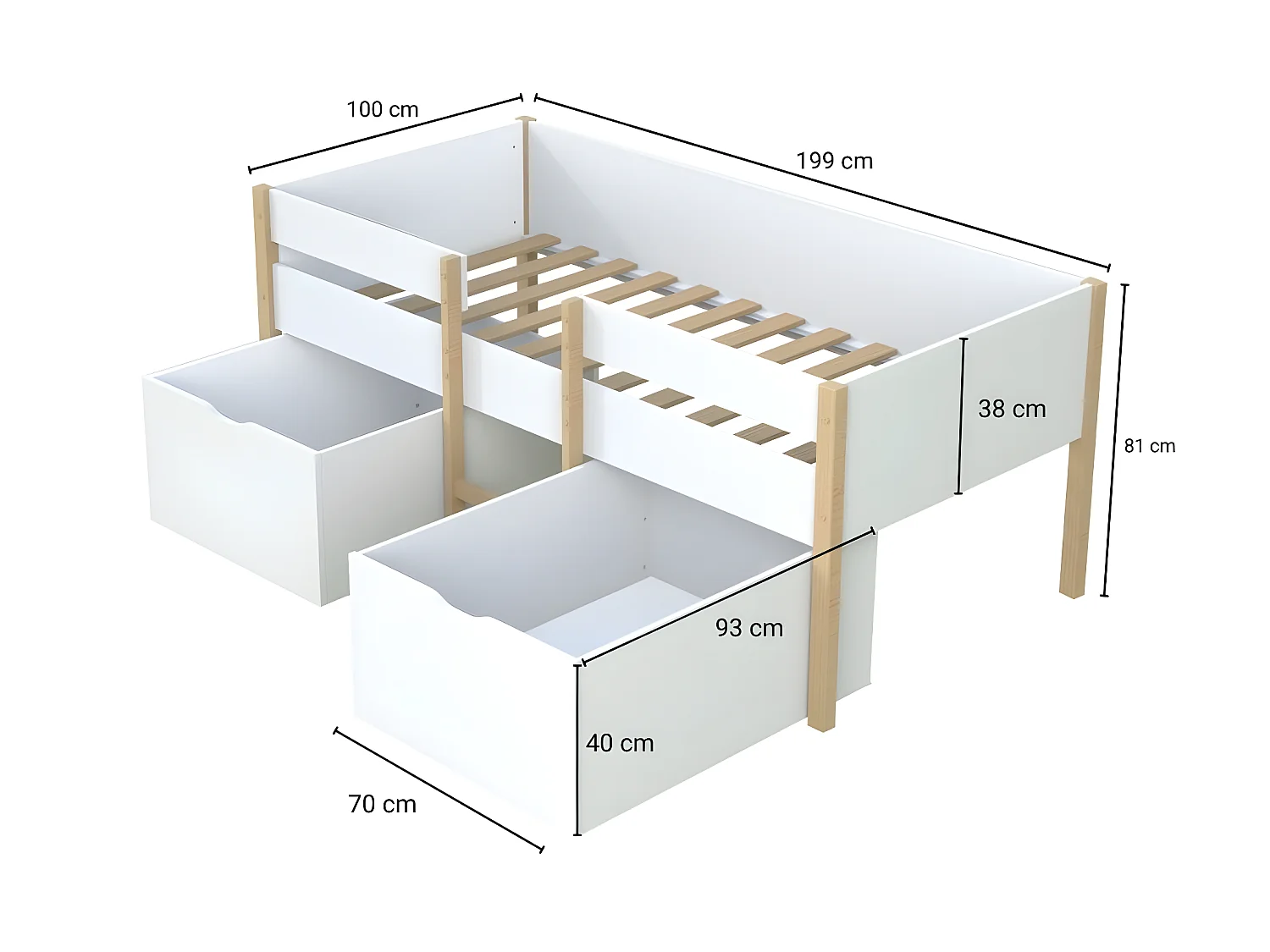 Cama alta SISSY - 2 cajones - 90 x 190 cm - Blanco y roble + colchón