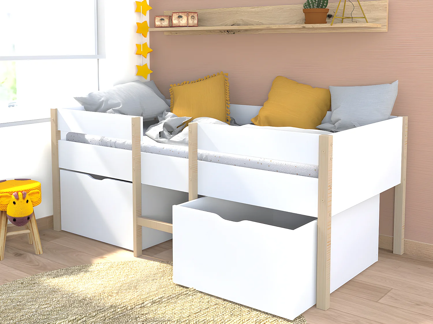 Halfhoogslaper SISSY - 2 laden - 90 x 190 cm - Wit en eiken + matras