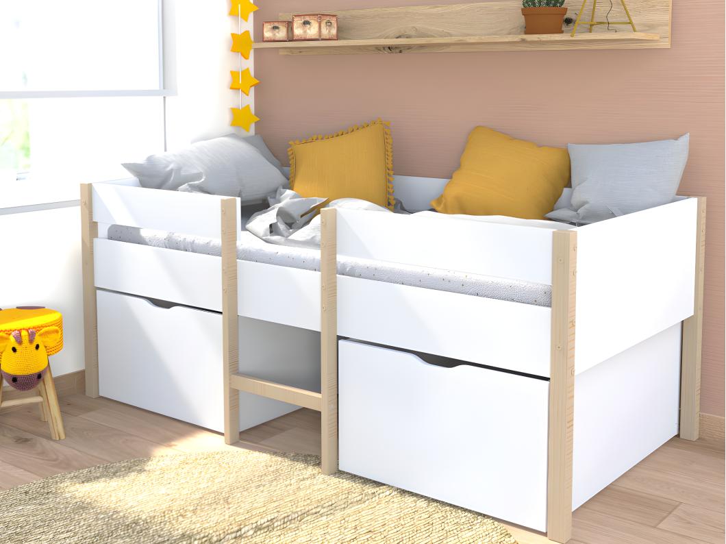 Lit mi-hauteur SISSY - 2 tiroirs - 90 x 190 cm - Blanc et chêne + matelas