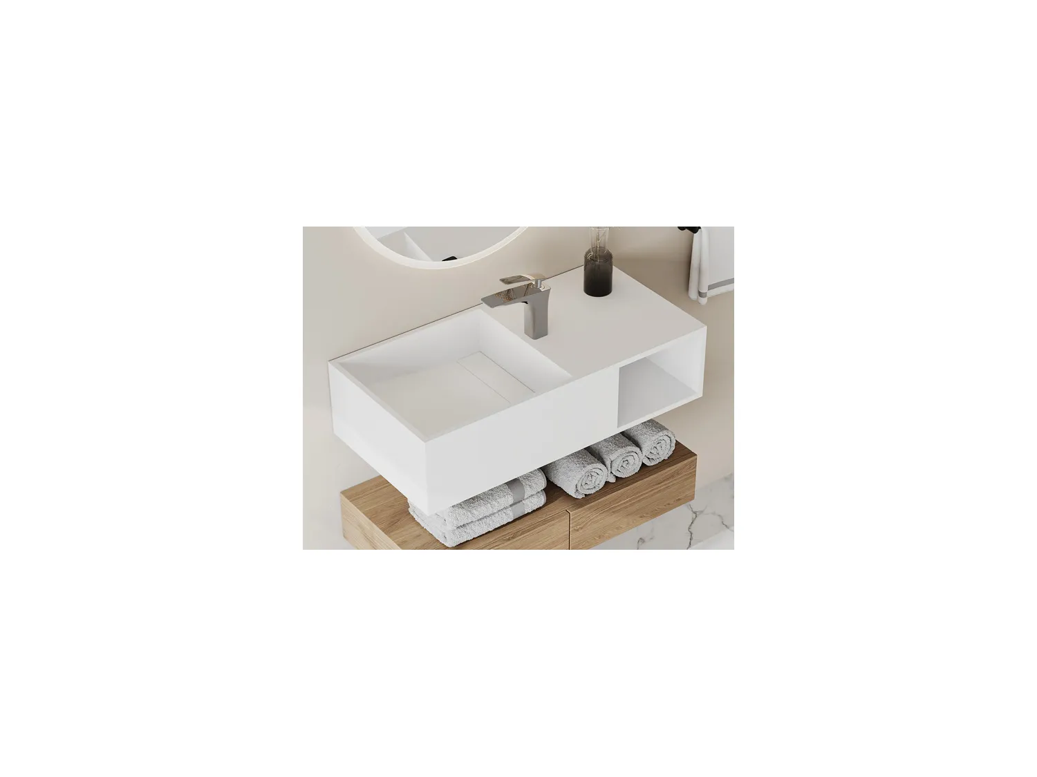 Lavabo suspendido con encimera de solid surface con estante - Blanco - Ancho 80 x Prof. 40 x Alt. 20 cm - GOYOKO