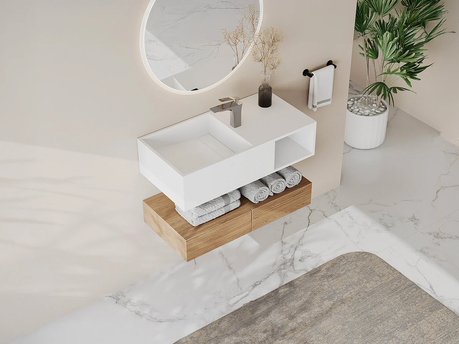 Plan vasque suspendu en solid surface avec niche - Blanc - L80 x l40 x H20 cm - GOYOKO