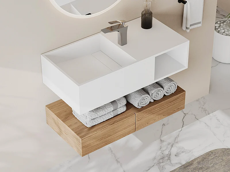 Lavatório suspenso em solid surface com nicho cor branco de C80 x L40 x A20 cm - GOYOKO