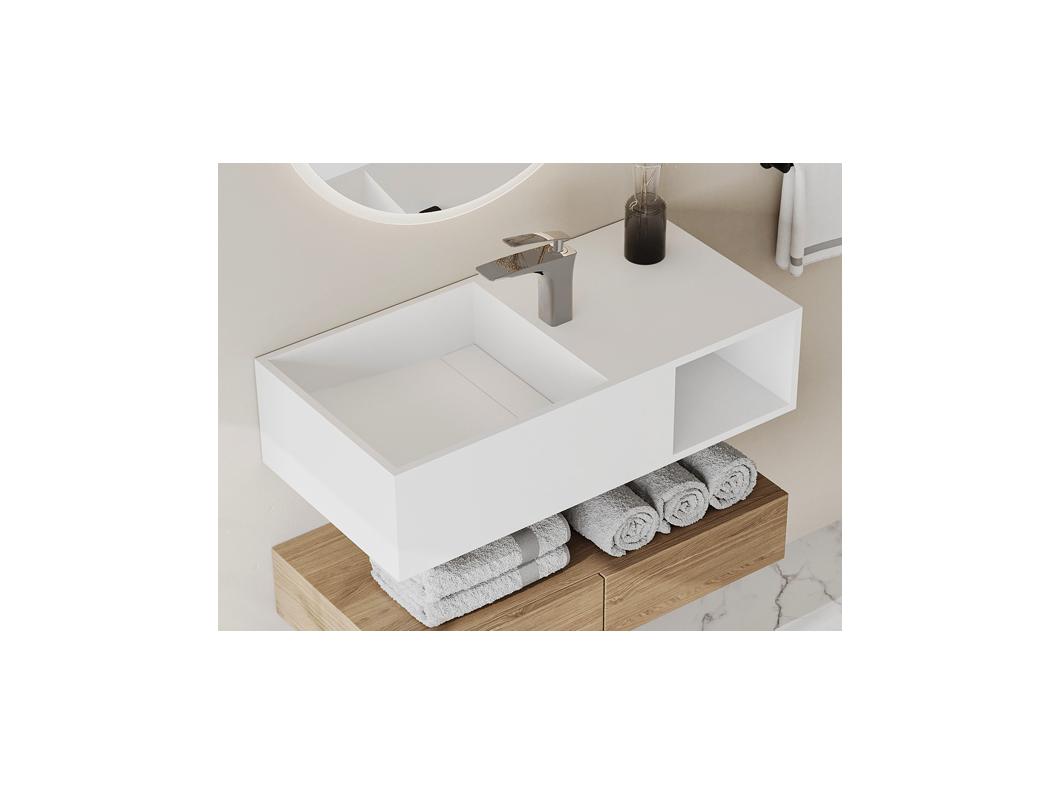 Lavabo suspendido con encimera de solid surface con estante - Blanco - Ancho 80 x Prof. 40 x Alt. 20 cm - GOYOKO