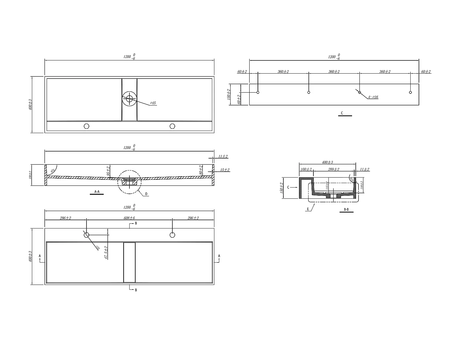 Upphängt handfat i vit solid surface 120 × 40 × 15 cm YAMDROK