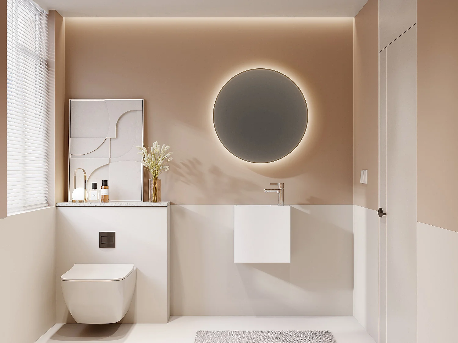 Væghængt håndvask i hvidt solid surface materiale med niche - Armatur til højre - 40 cm - PUMORI