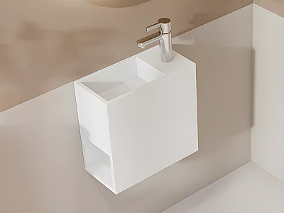 Handwaschbecken hängend mit Ablagefach - Solid Surface - Armaturen rechts - Weiß - 40 cm - PUMORI