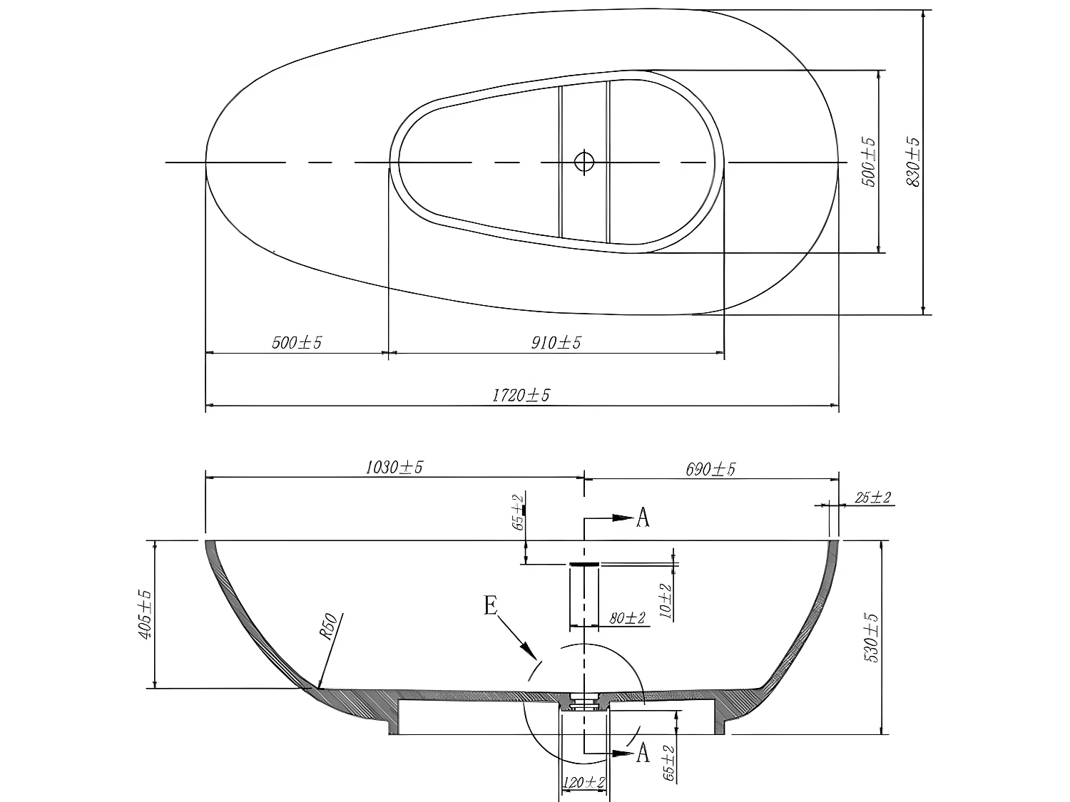 Banheira clássica assimétrica com solid surface de 268 L dimensões 172 x 83 x 53 cm cor branca - FENICE