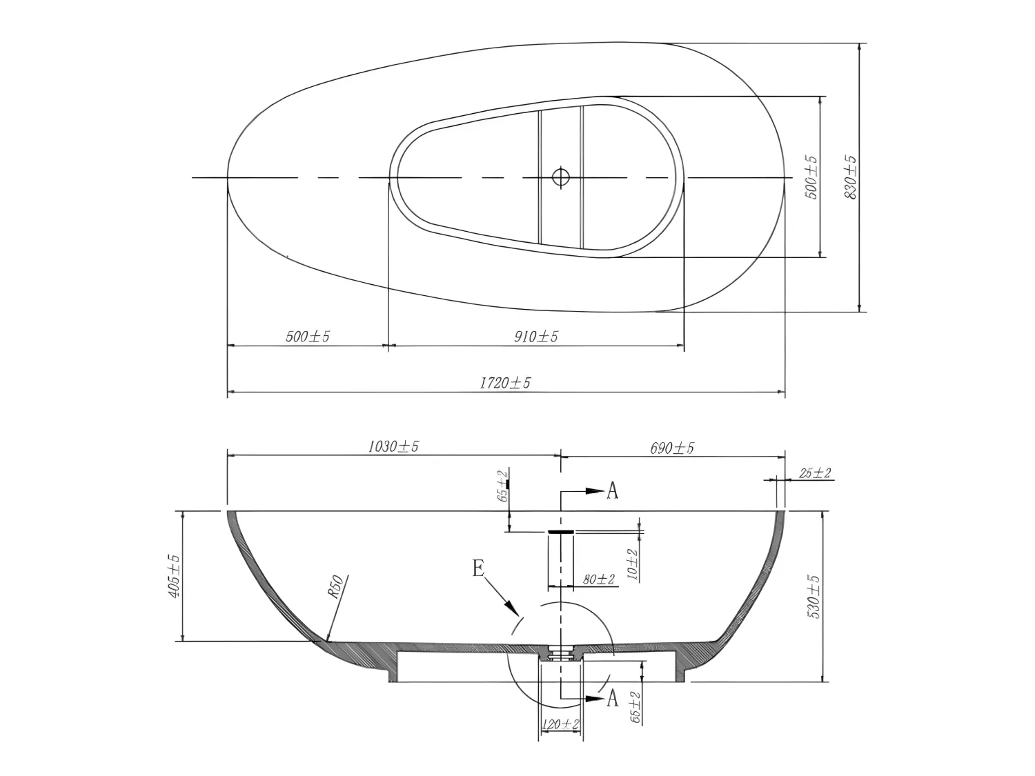 Vrijstaande assymetrische badkuip in solid surface - 268L - 172 x 83 x 53 cm - Wit - FENICE