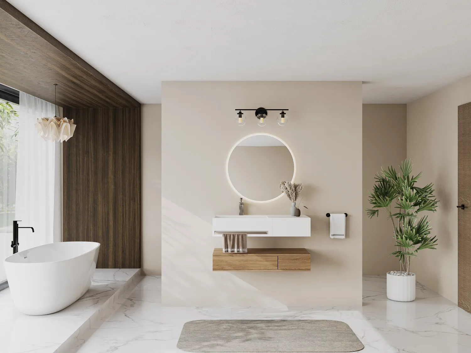 Ripiano lavabo sospeso in Solid Surface con portasciugamani L90 x l40 x H17 cm Bianco - GANDAKI