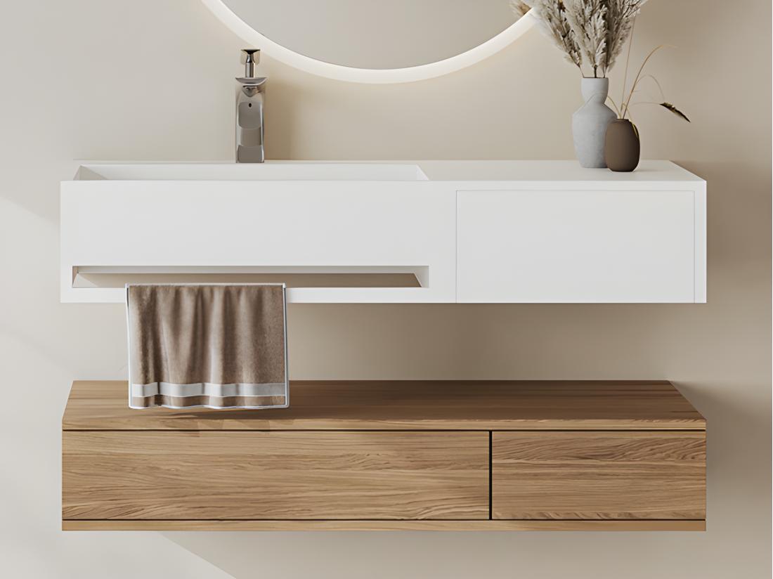 vente unique Plan vasque suspendu en solid surface avec porte serviettes - Blanc - L90 x l40 x H17 cm - GANDAKI