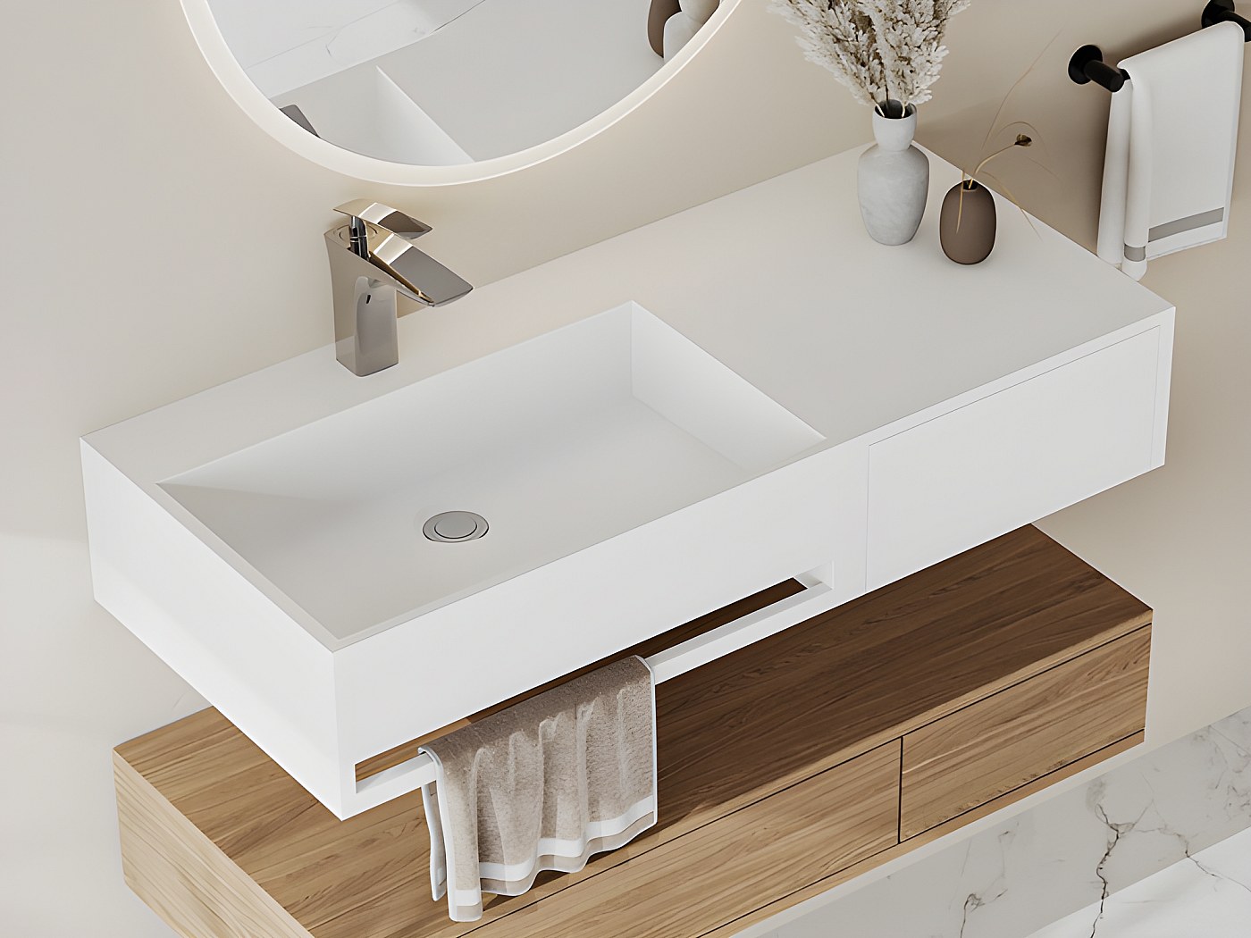 Vasque suspendue blanche en solid surface avec porte serviettes - 90 cm ...