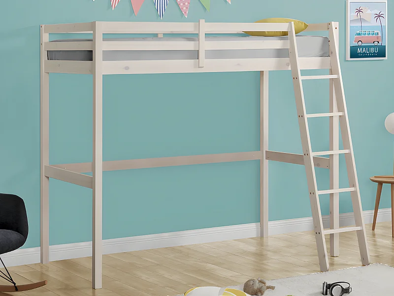 Hoogslaper GEDEON II - 90 x 190 cm - Massief grenen - Gebleekt + matras