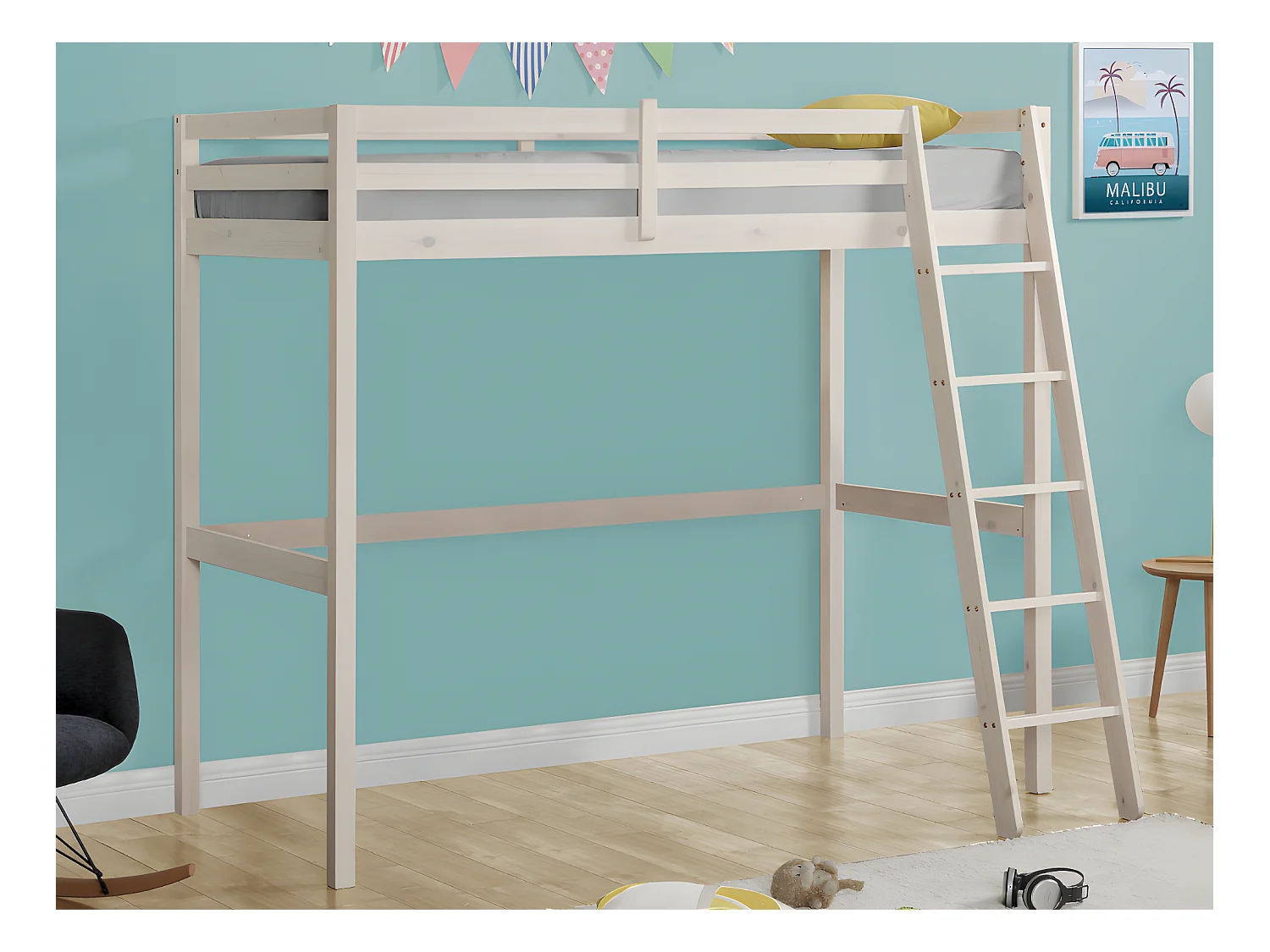 Lit mezzanine GEDEON II - 90 x 190 cm - Pin massif - Blanchi + matelas