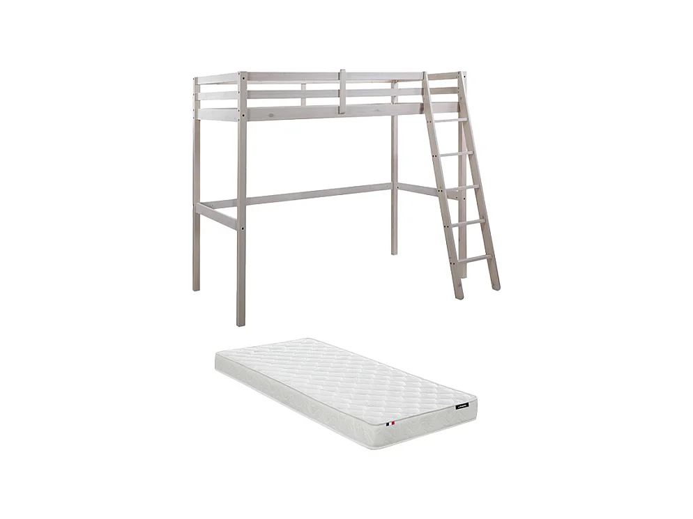 Cama mezzanine 90x190 cm em pinho maciço esbranquiçado + Colchão - GEDEON