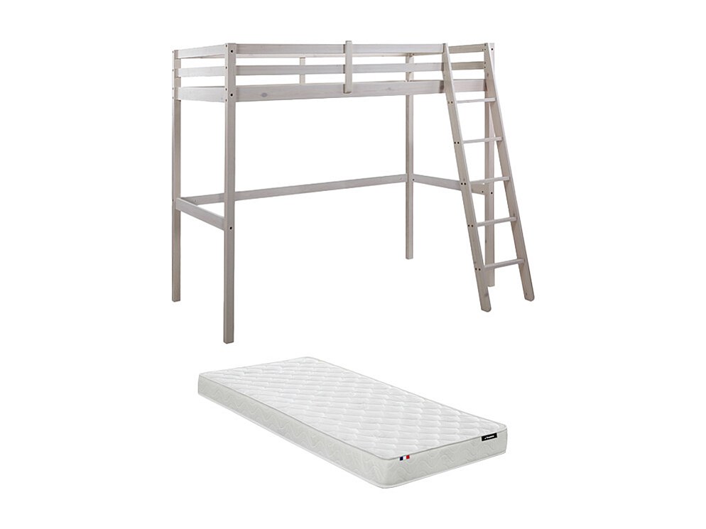 Hochbett + Matratze - 90 x 190 cm - Kiefer massiv - Geweißt - GEDEON II günstig online kaufen
