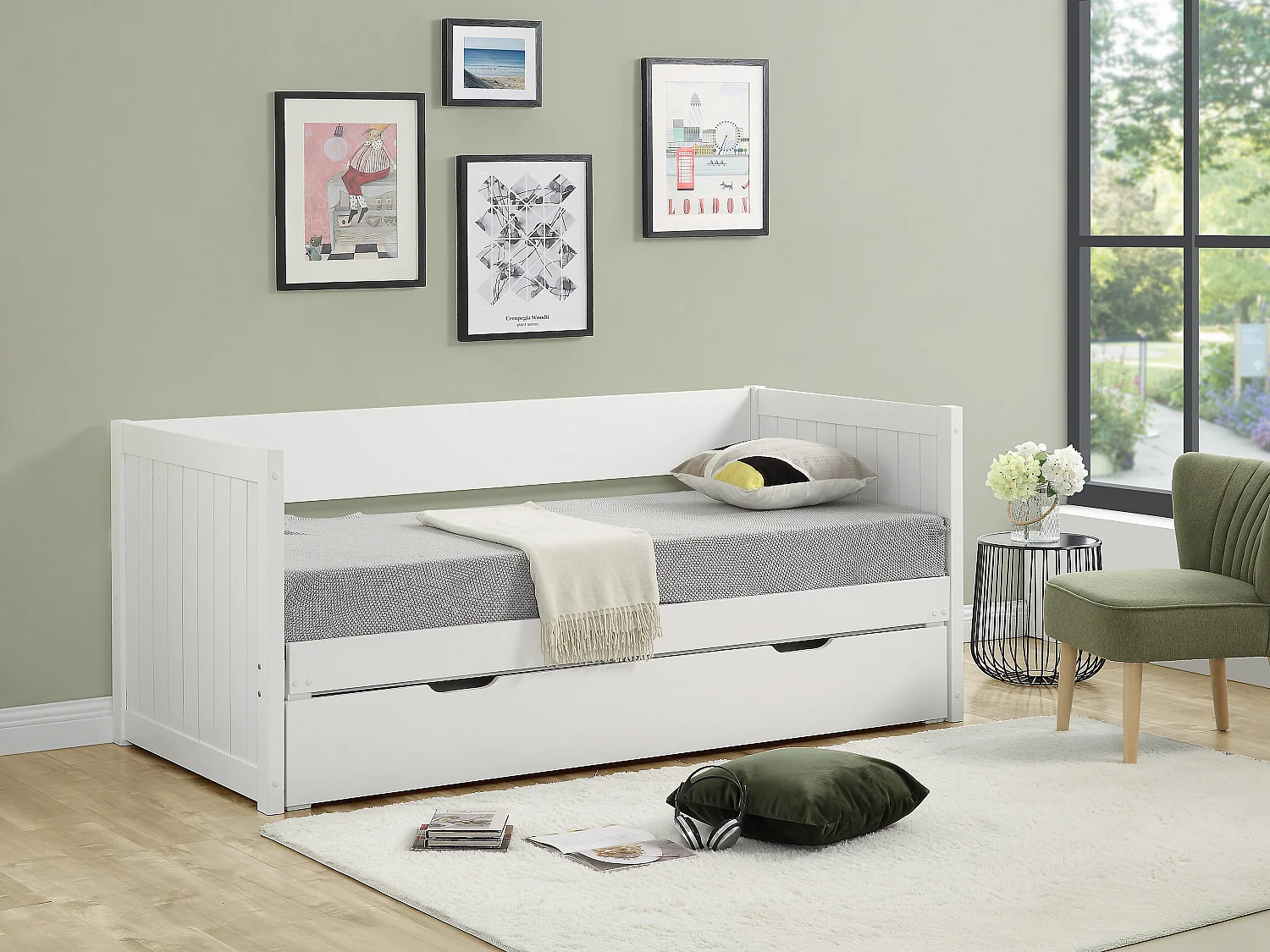 Lit gigogne banquette 90 x 190 ou 174 x 190 cm - Avec sommier peigne et tiroir - Pin et MDF - Blanc + matelas - ALFIERO II