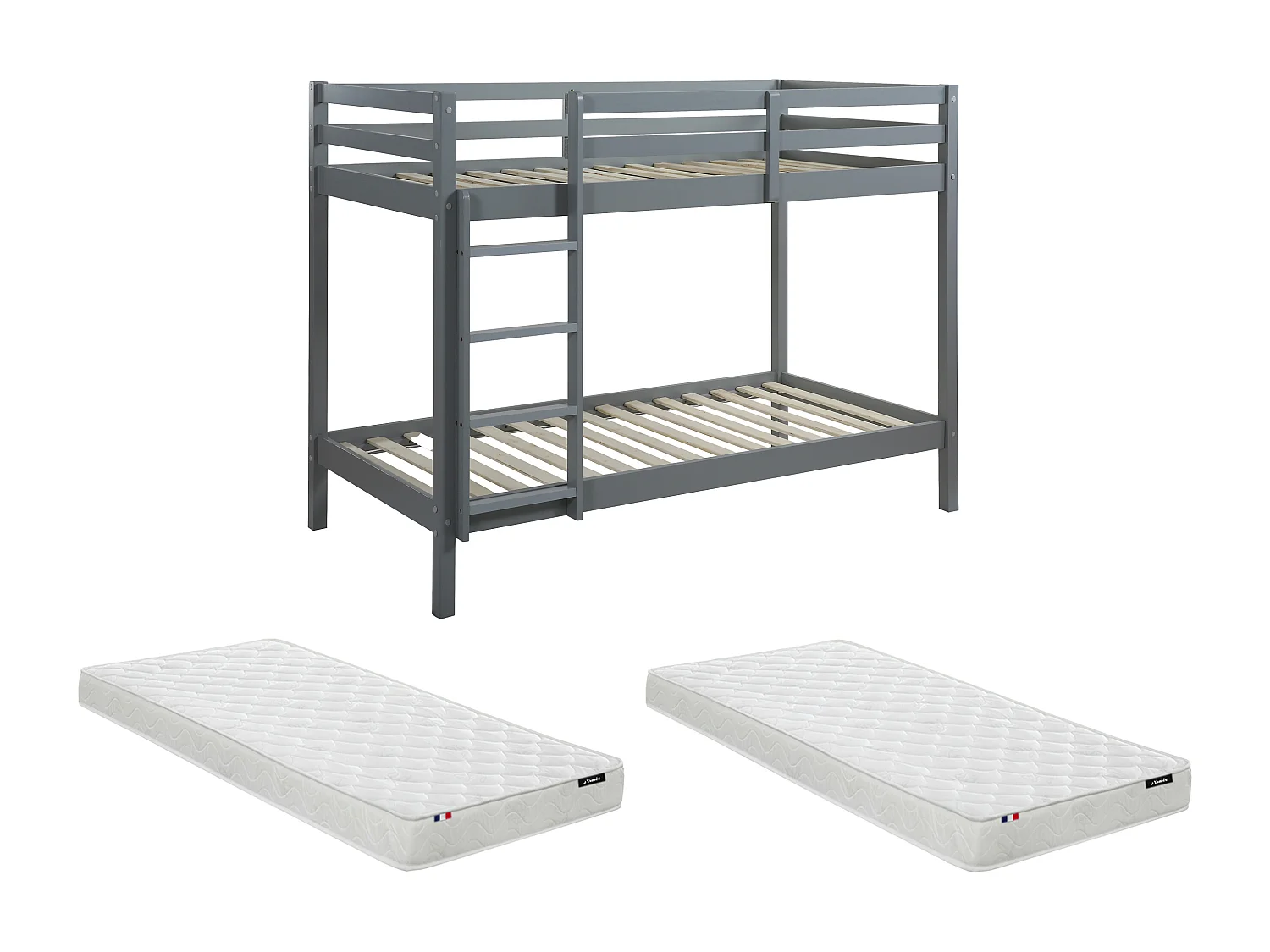 Lits superposés ANICET II - 2 x 90 x 190cm - Pin Massif - Gris + matelas