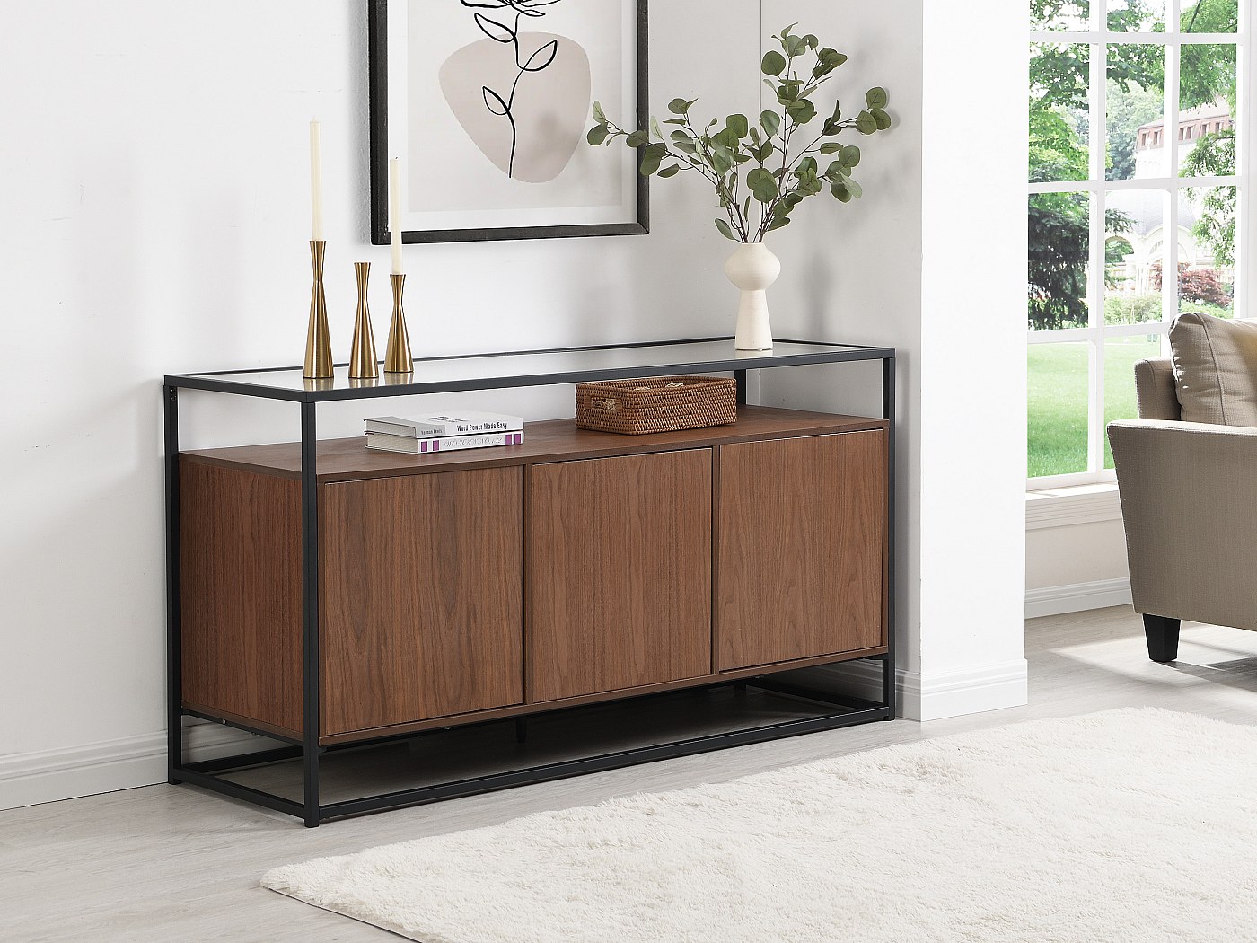 Credenza con 3 ante in MDF, Vetro temperato e Metallo Naturale scuro CAMATA