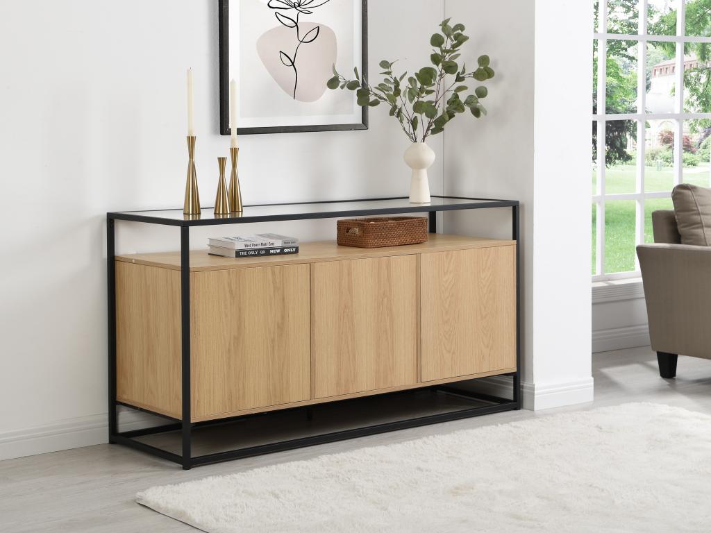 Sideboard mit 3 Türen aus MDF, Sicherheitsglas & Metall - Holzfarben hell - günstig online kaufen