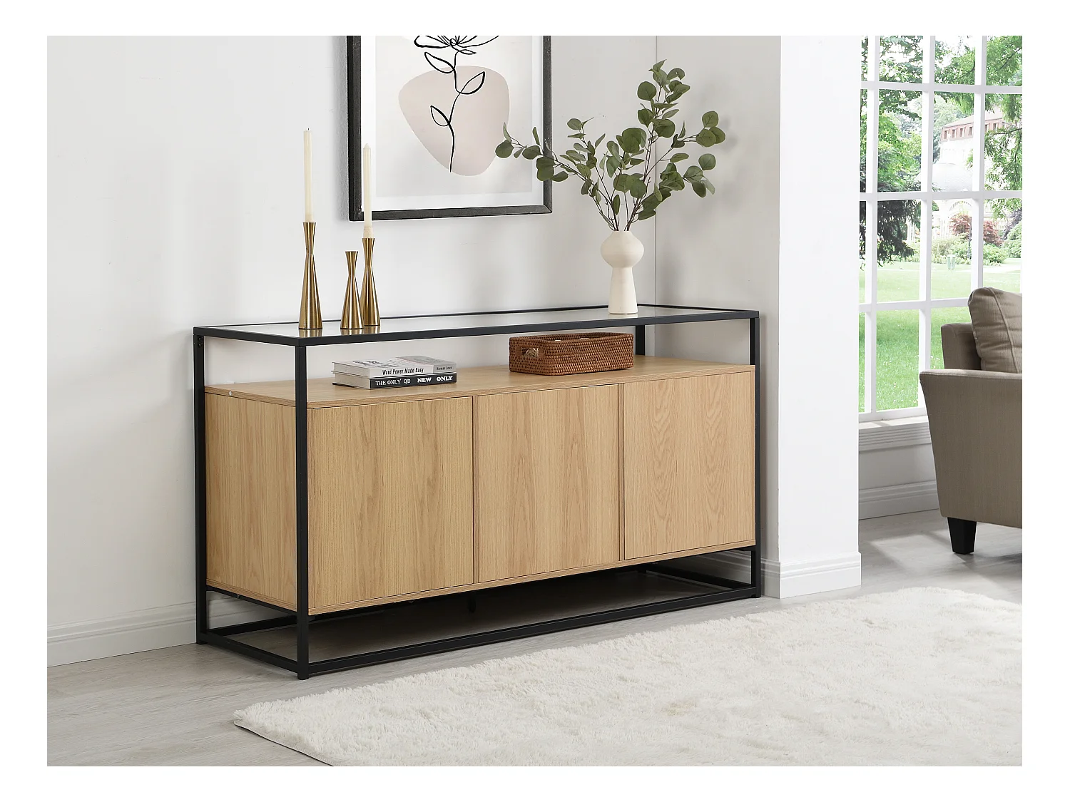 Buffet avec 3 portes en MDF, verre trempé et métal - Naturel clair - CAMATA