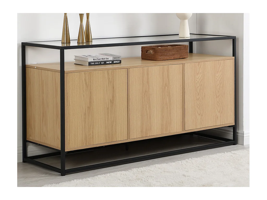 Dressoir met 3 deuren van MDF, gehard glas en metaal - Licht naturel - CAMATA