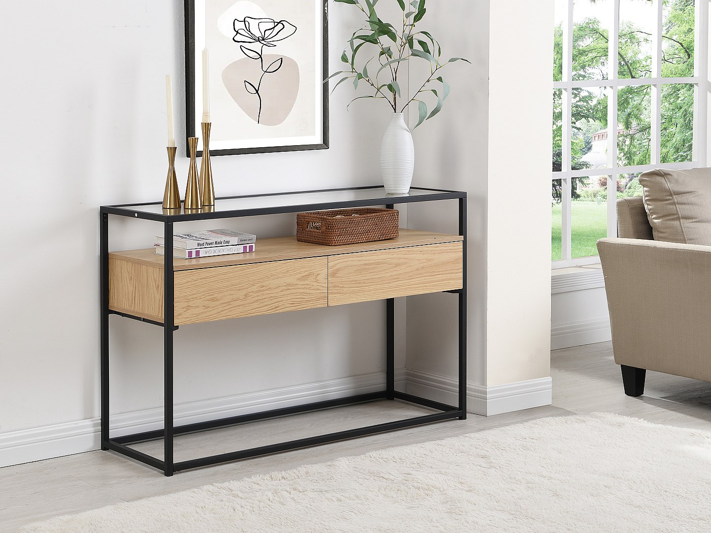 Console Rétro En MDF Naturel 80x30x80cm - Meuble Entrée, Salon Ou Chambre - Style Vintage Industriel