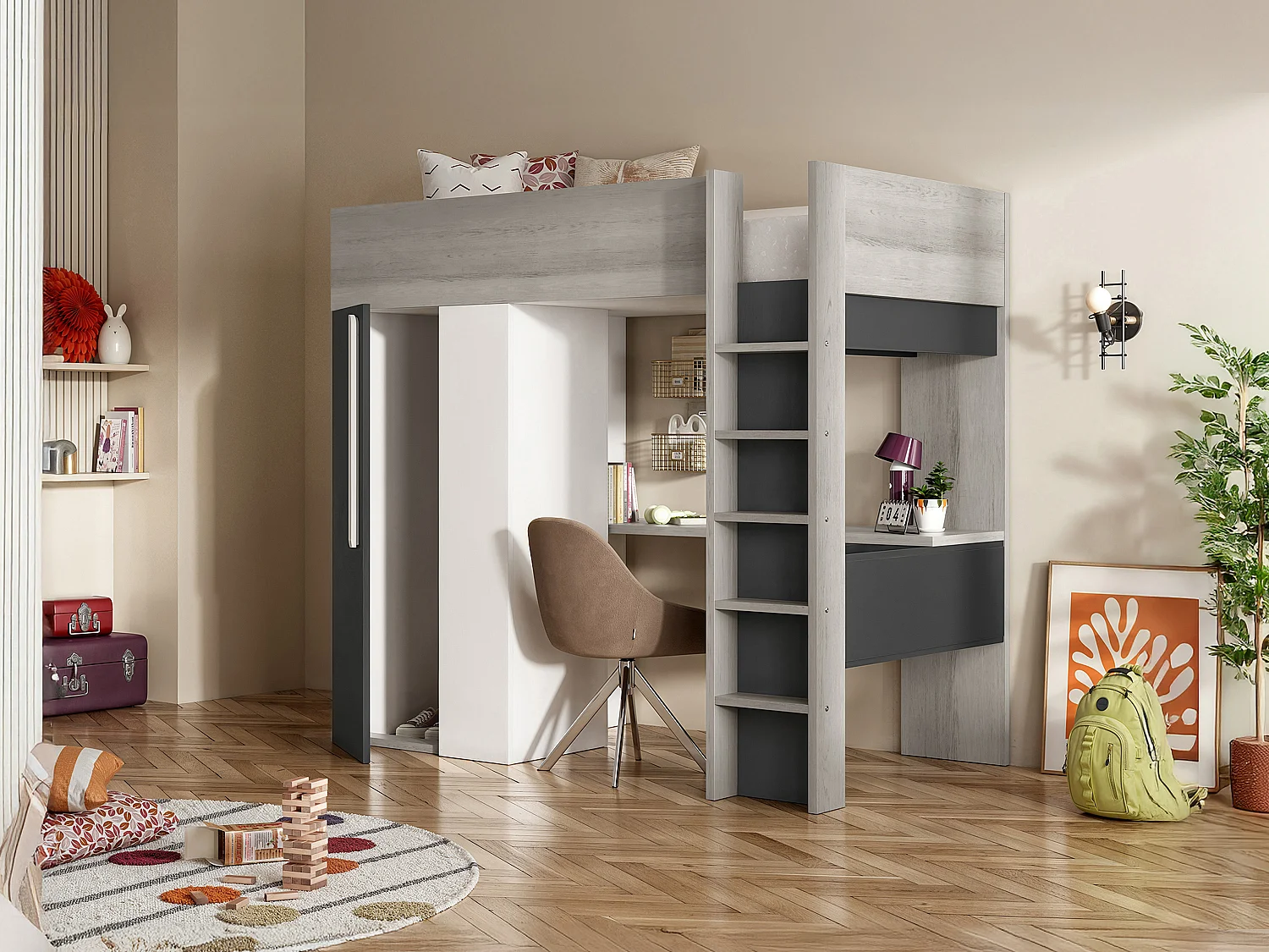 Cama alta 90 x 200 cm - con armario y escritorio - Antracita y blanco - NICOLAS