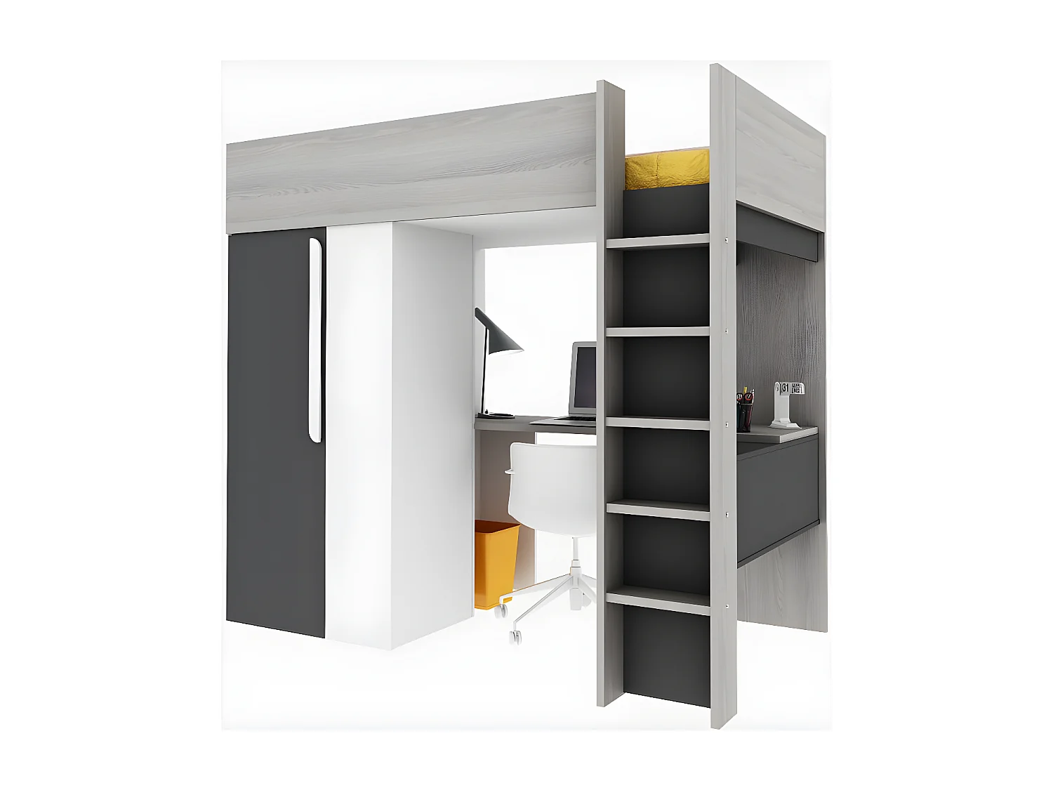 Lit mezzanine 90 x 200 cm avec armoire et bureau - Anthracite et blanc - NICOLAS II