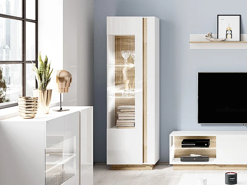 Vitrine MURARI - 1 porte -  Avec LEDs - Blanc brillant et chêne