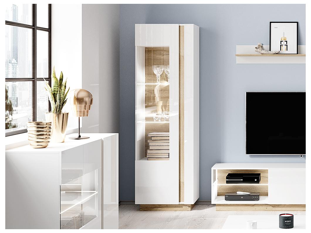 Vitrinenschrank - 1 Tür - Mit LEDs - Weiß Hochglanz & Eiche - MURARI