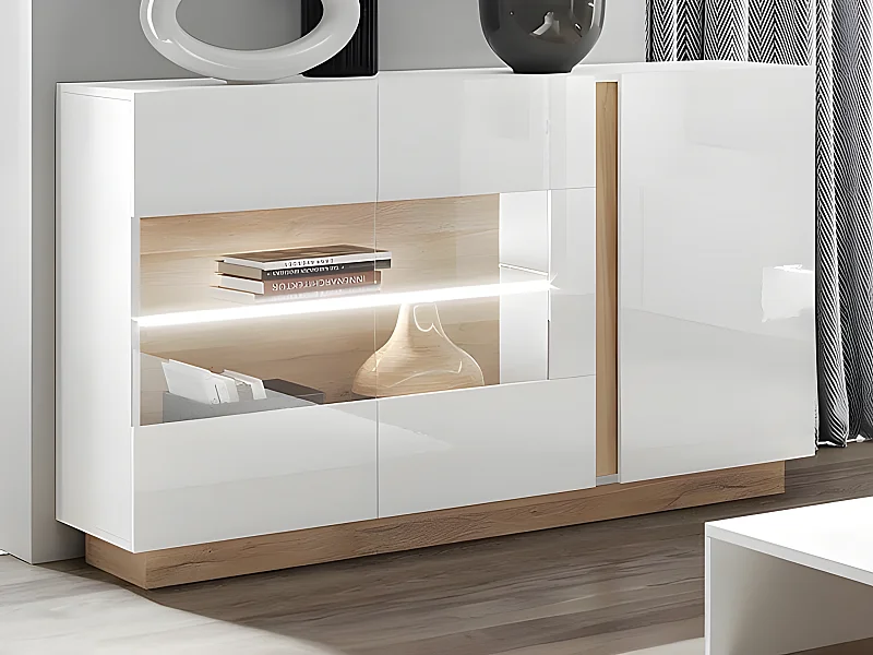 Buffet MURARI - 3 portes - Avec LEDs - Blanc brillant et chêne