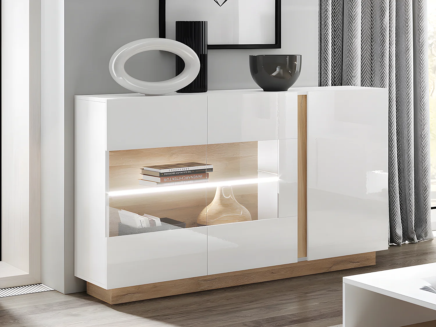 Buffet MURARI - 3 portes - Avec LEDs - Blanc brillant et chêne